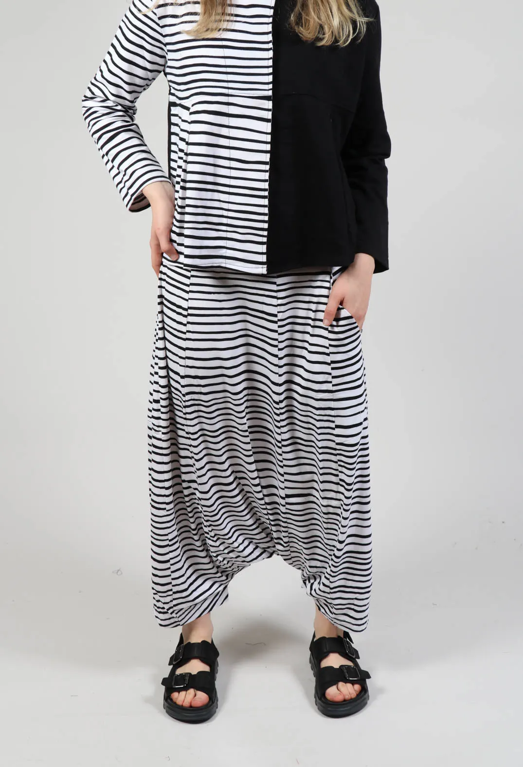 Jersey Drop-Crotch Trousers in White with Black Lines