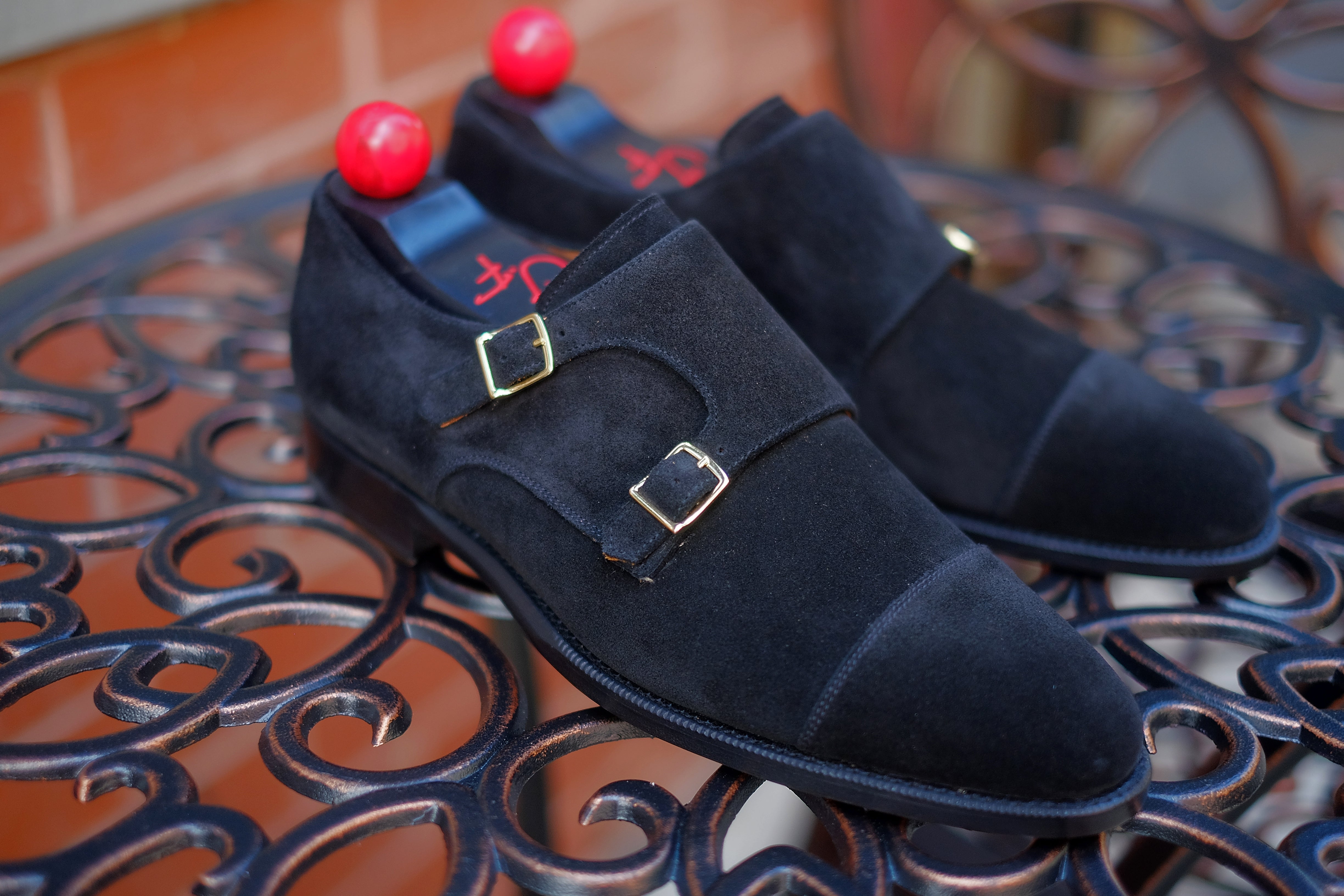 Kent - MTO - Black Suede - TMG Last - Single Leather Sole - Square Gold Buckles