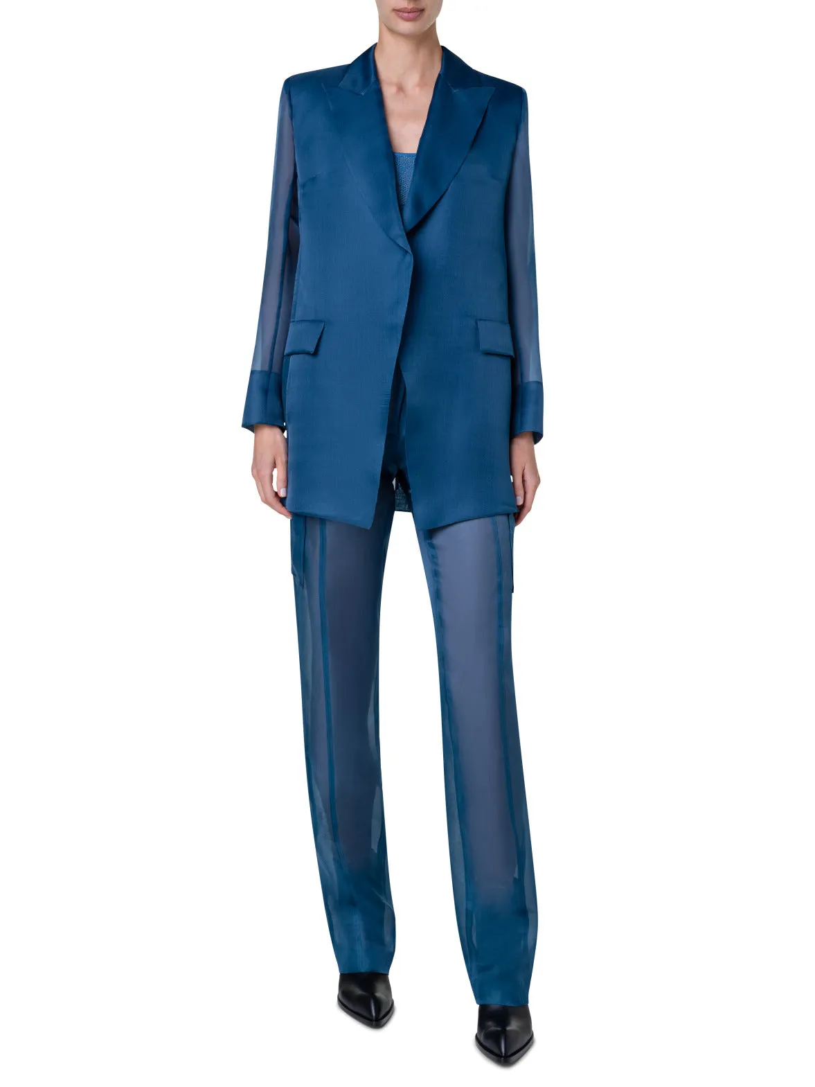 Long Tailored Silk Jacket with Semi-Sheer Sleeves