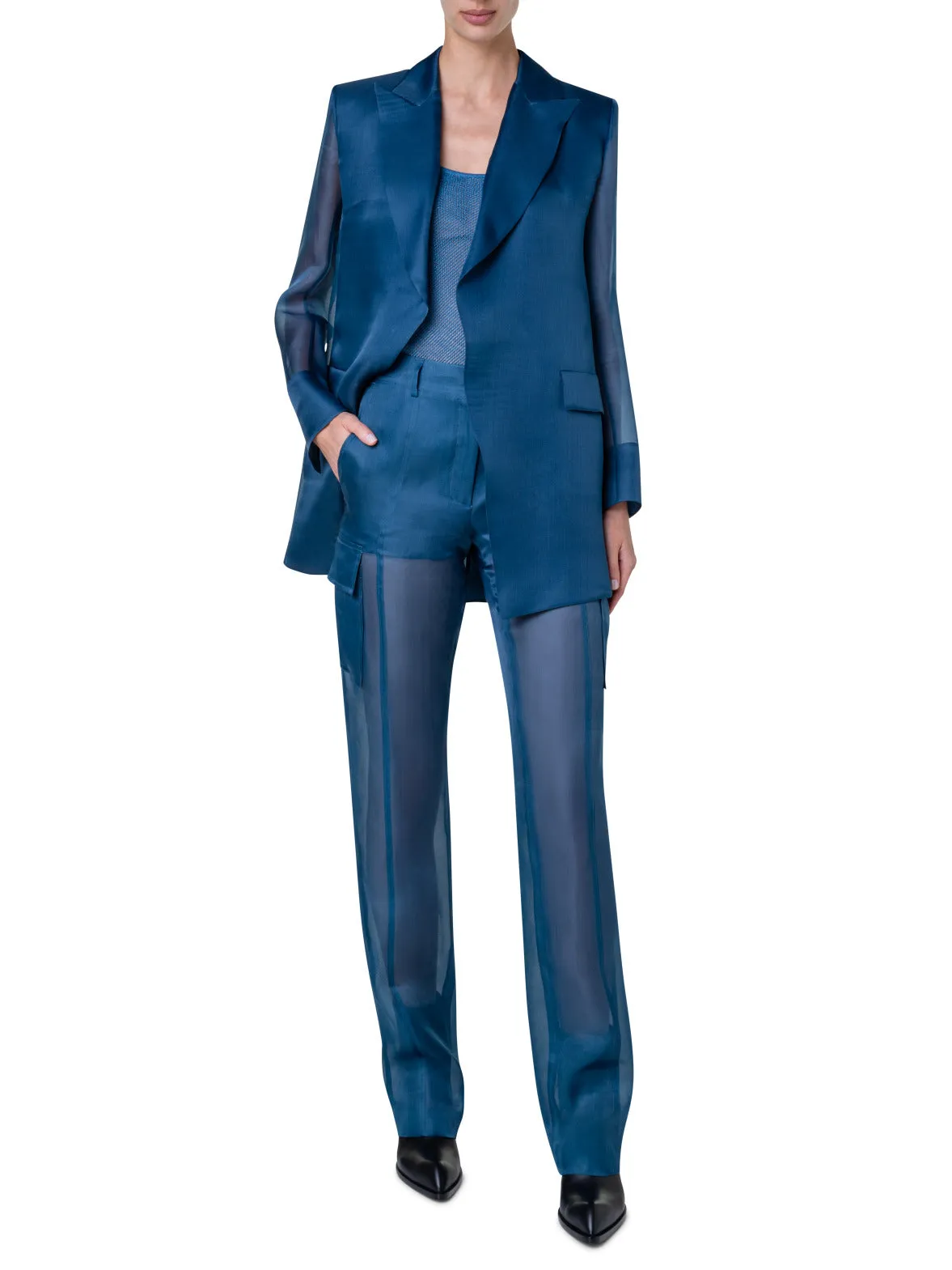 Long Tailored Silk Jacket with Semi-Sheer Sleeves