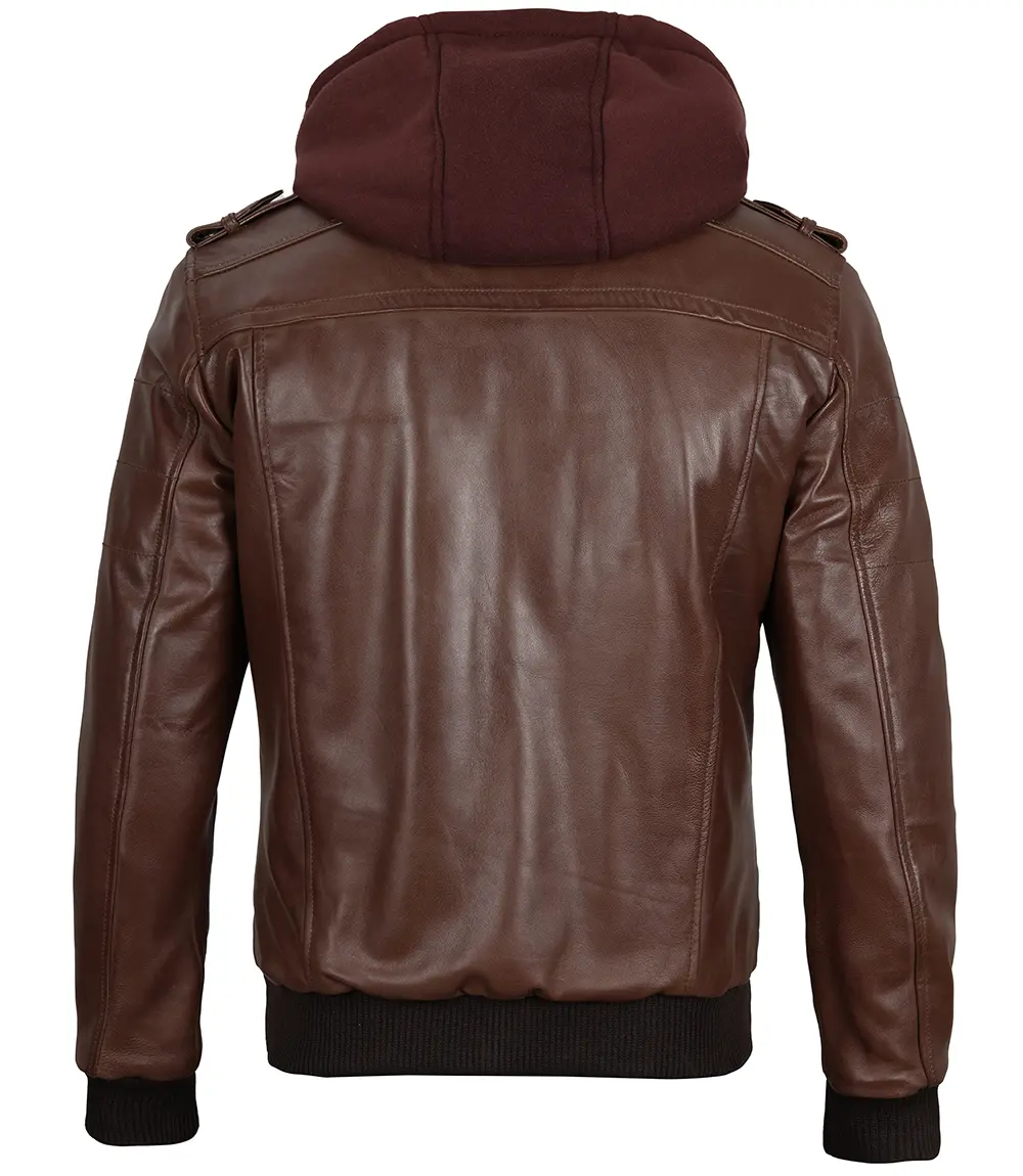 Men's Dark Brown Leather Bomber Jacket With Hood