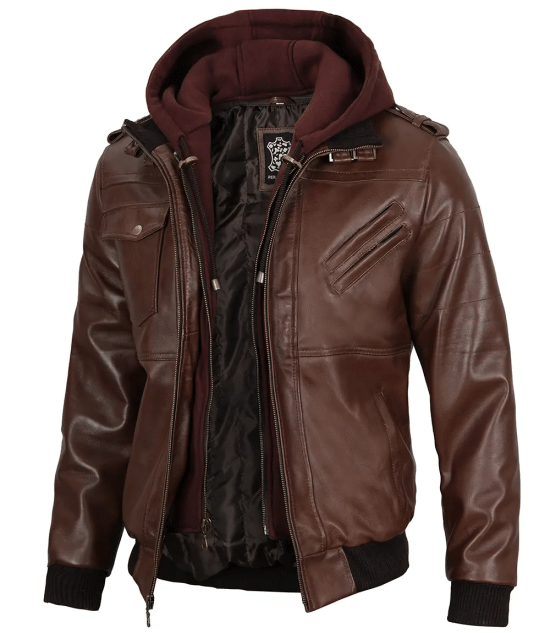 Men's Dark Brown Leather Bomber Jacket With Hood