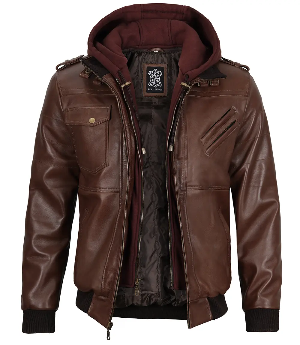 Men's Dark Brown Leather Bomber Jacket With Hood