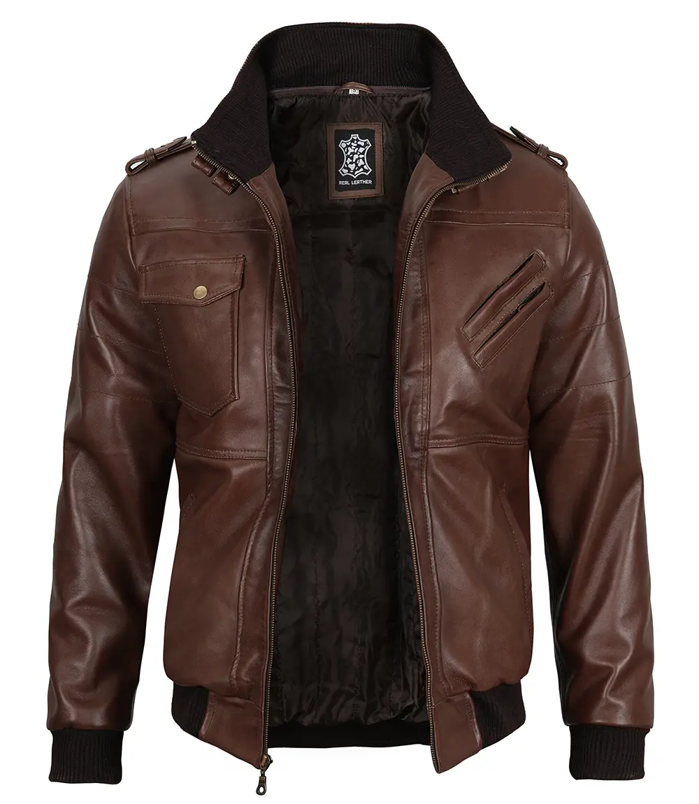 Men's Dark Brown Leather Bomber Jacket With Hood