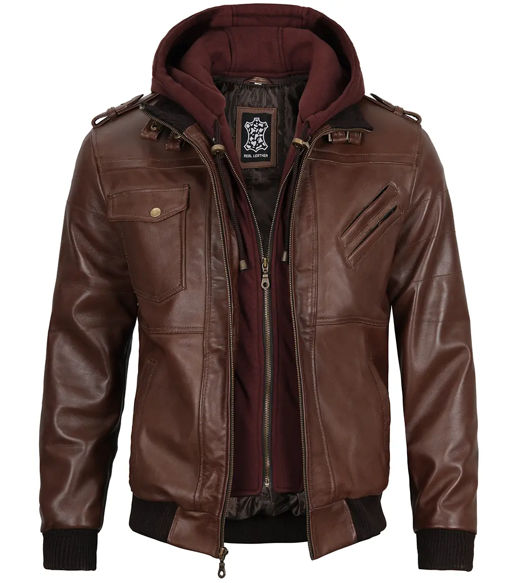 Men's Dark Brown Leather Bomber Jacket With Hood