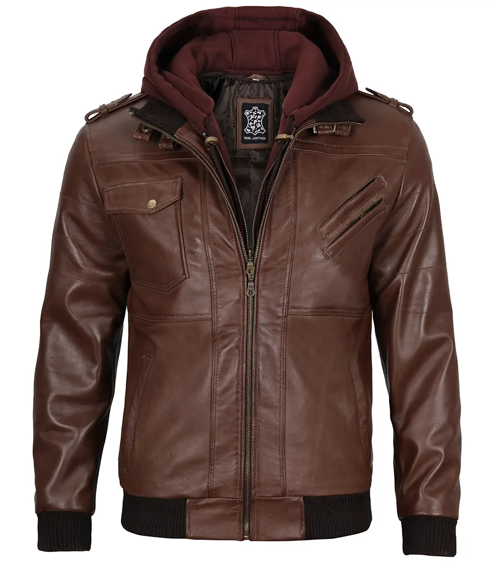 Men's Dark Brown Leather Bomber Jacket With Hood