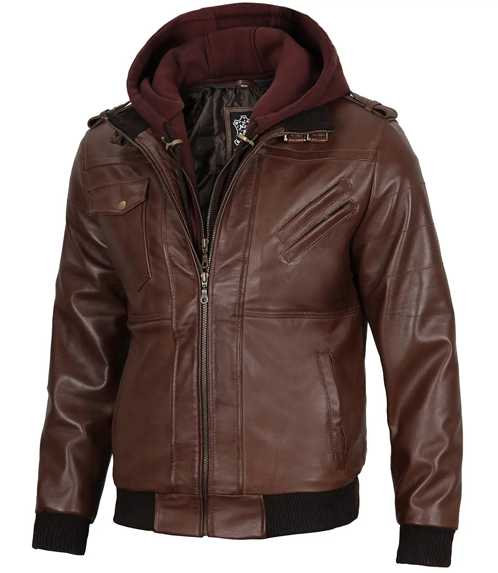 Men's Dark Brown Leather Bomber Jacket With Hood