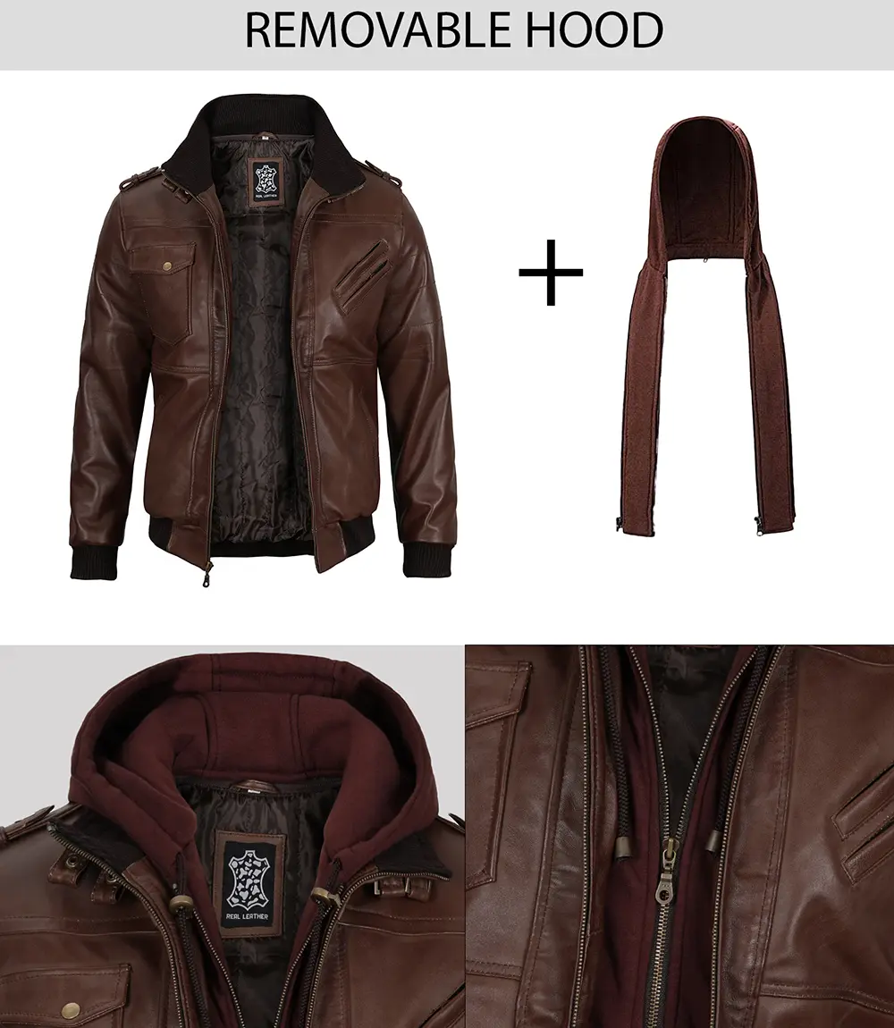 Men's Dark Brown Leather Bomber Jacket With Hood