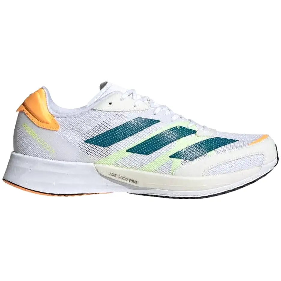 Men's Adidas Adizero Adios 6, Cloud White/Real Teal/Flash Orange, 12 D Medium