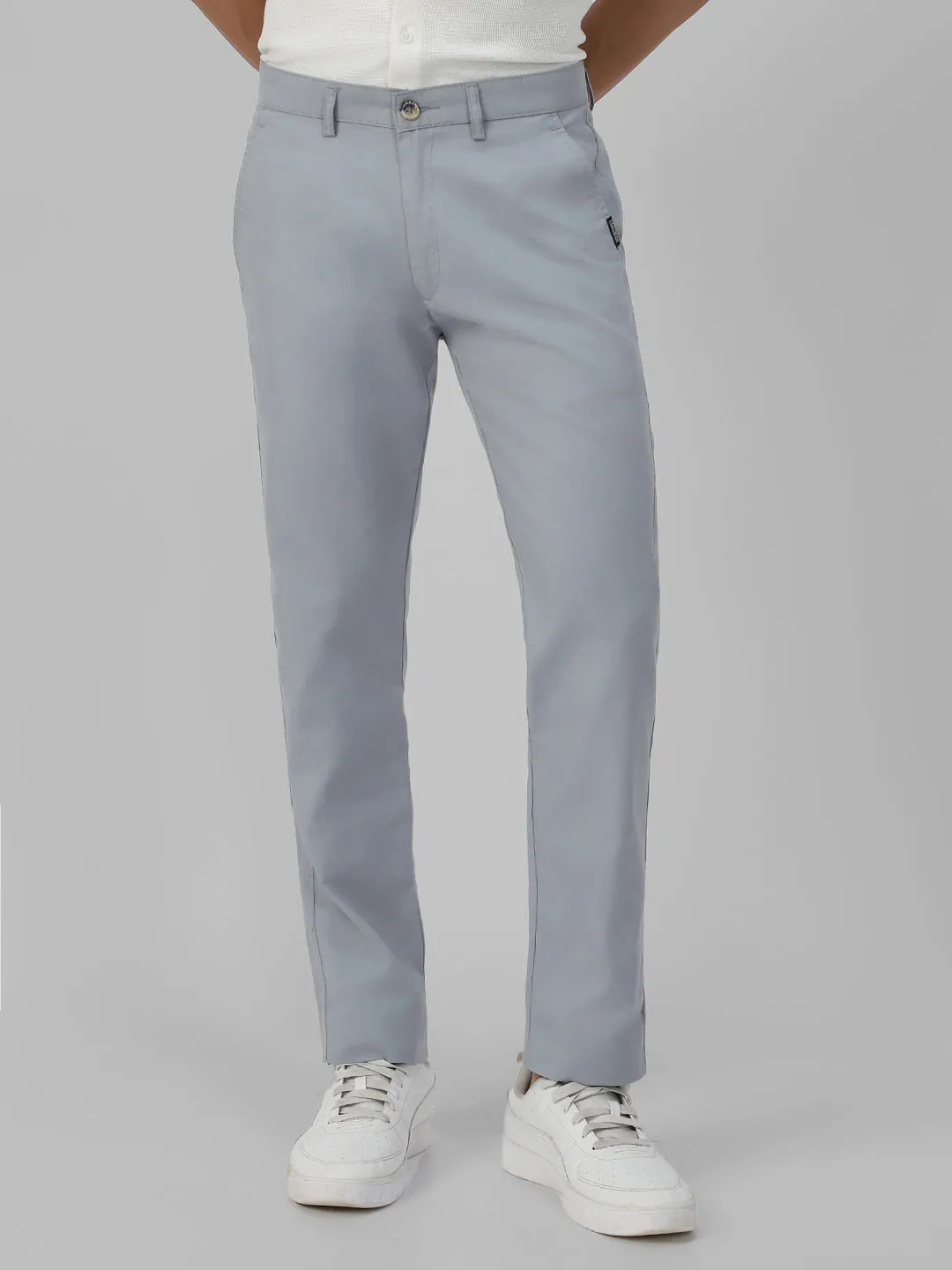 Men's Blue Cotton Light Weight Non-Stretch Slim Fit Casual Trousers