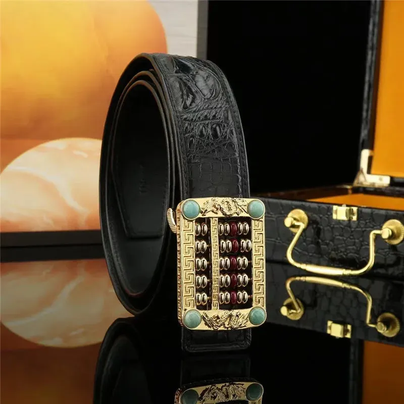 Men's Genuine Leather Strap Chinese Dragon Rhinestone Buckle Waist Belt