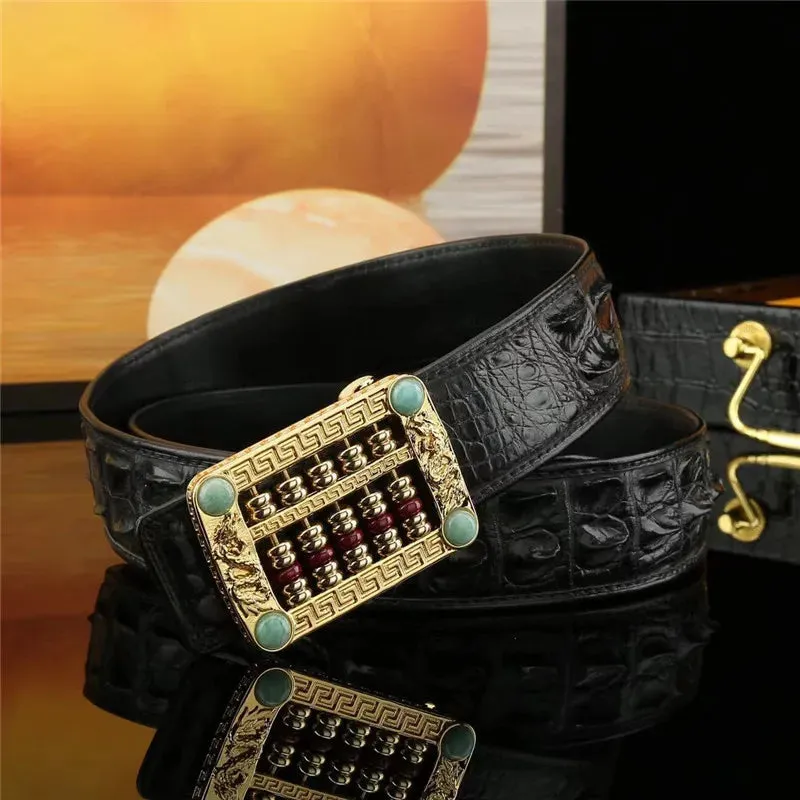 Men's Genuine Leather Strap Chinese Dragon Rhinestone Buckle Waist Belt