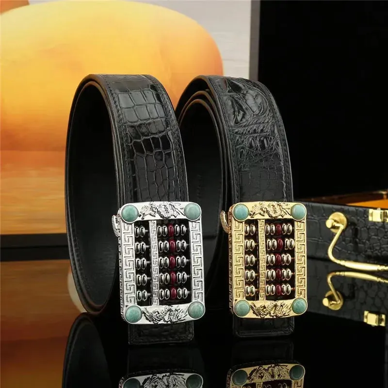 Men's Genuine Leather Strap Chinese Dragon Rhinestone Buckle Waist Belt