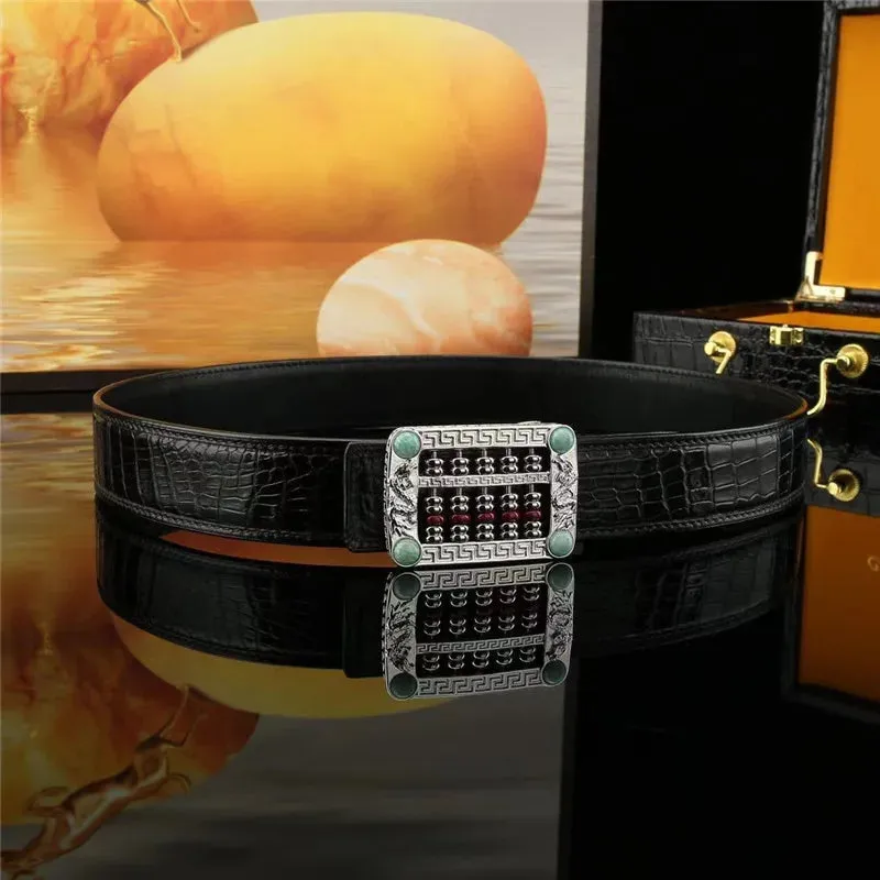 Men's Genuine Leather Strap Chinese Dragon Rhinestone Buckle Waist Belt