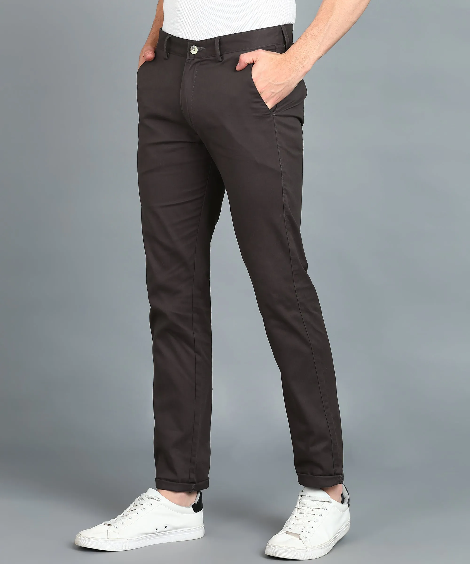 Men's Grey Cotton Light Weight Non-Stretch Slim Fit Casual Trousers