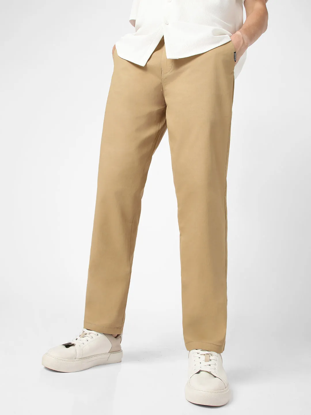 Men's Khaki Cotton Regular Fit Casual Chinos Trousers Stretch