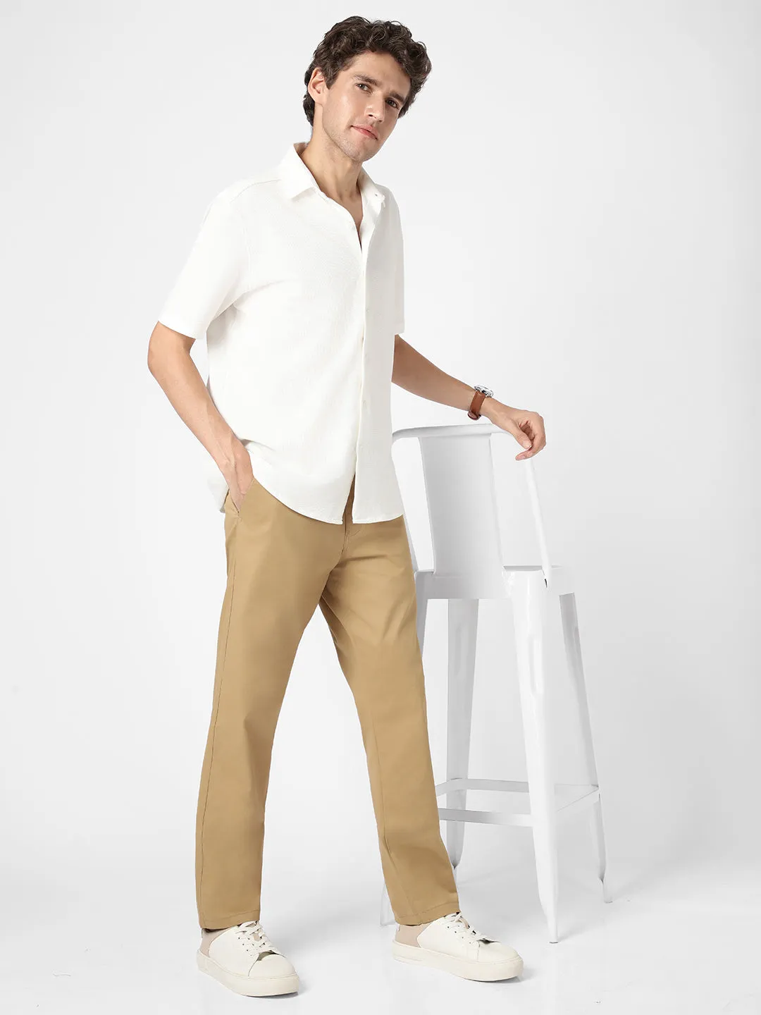 Men's Khaki Cotton Regular Fit Casual Chinos Trousers Stretch