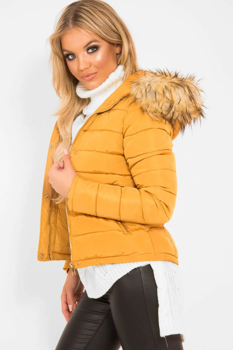 Mustard Padded Coat with Fur Trim Hood - Helena