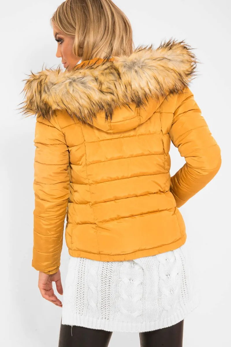 Mustard Padded Coat with Fur Trim Hood - Helena