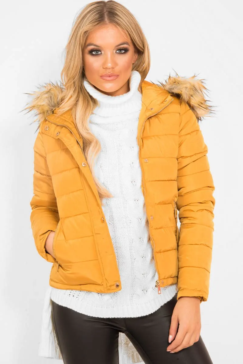 Mustard Padded Coat with Fur Trim Hood - Helena