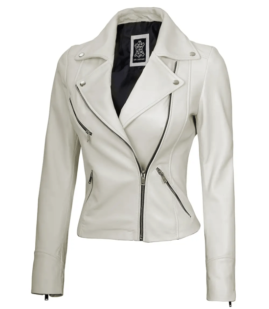 Ninfa Women Moto Style Off White Real Leather Jacket