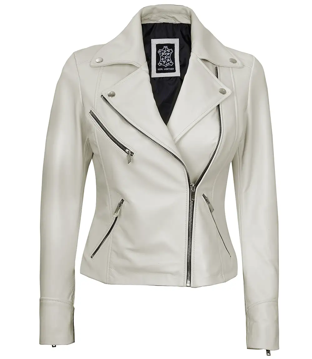 Ninfa Women Moto Style Off White Real Leather Jacket