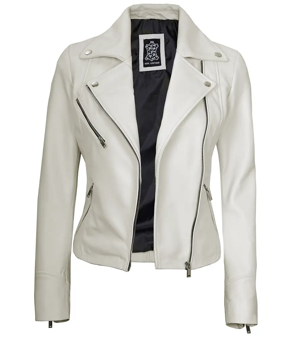 Ninfa Women Moto Style Off White Real Leather Jacket