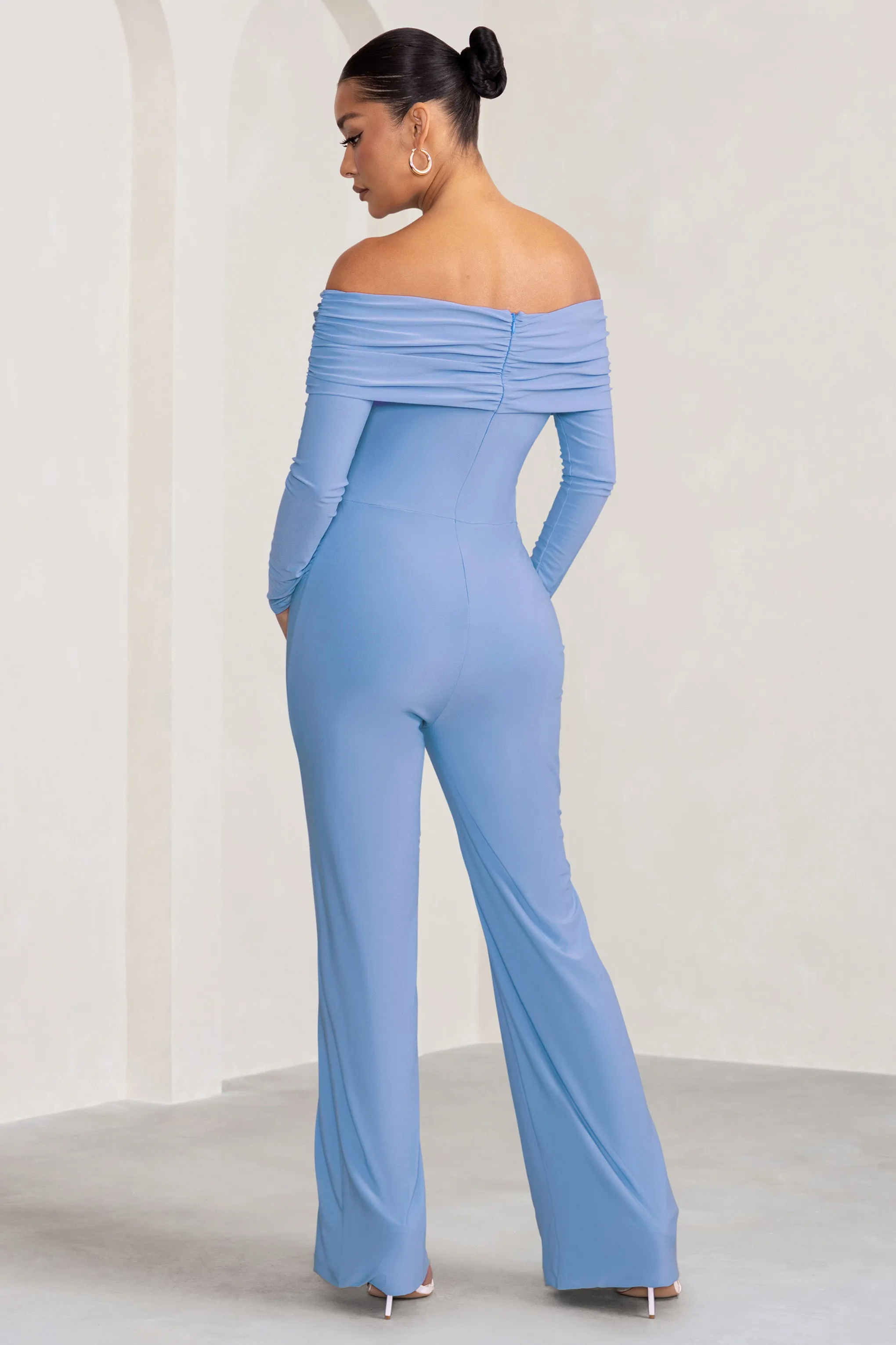 Nuala | Powder Blue Bardot Maternity Jumpsuit with Long Sleeves