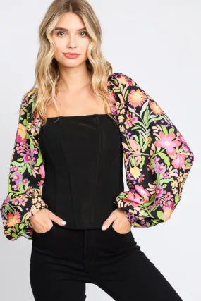 ODDI Full Size Floral Balloon Sleeve Blouse