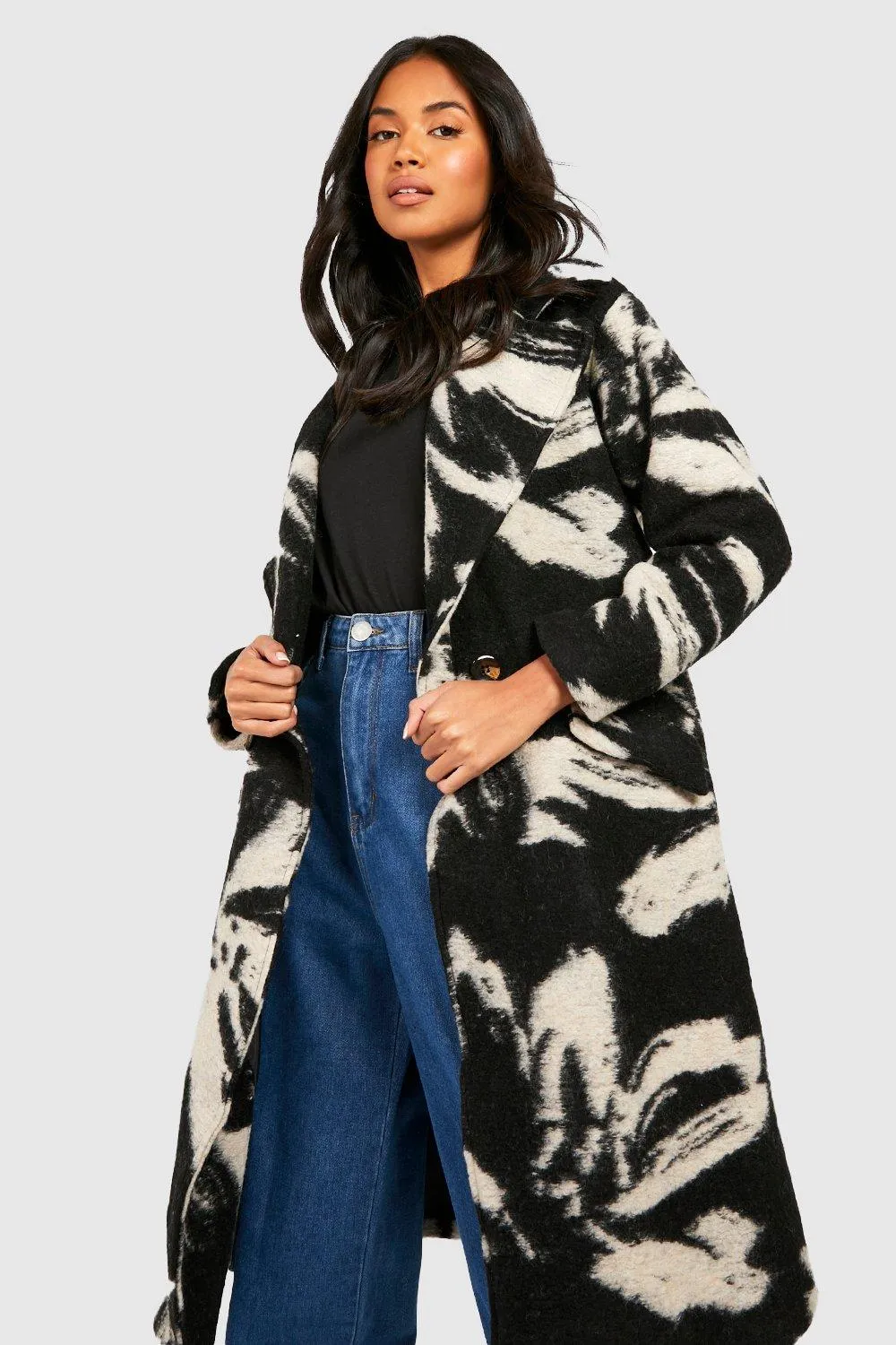 Oversized Abstract Print Wool Look Coat