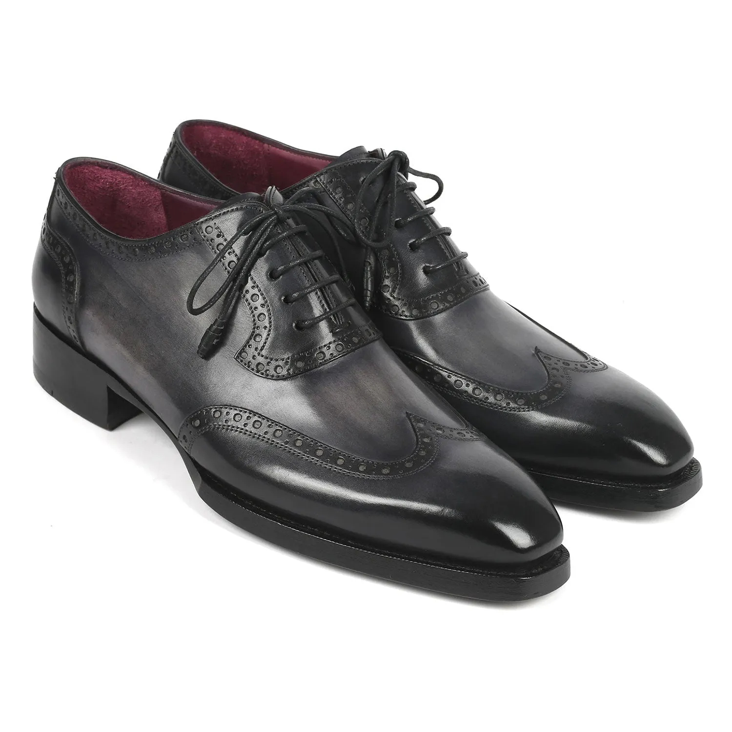 Paul Parkman 6819-GRY Men's Shoes Black & Gray Calf-Skin Leather Goodyear Welted Wingtip Oxfords (PM6345)