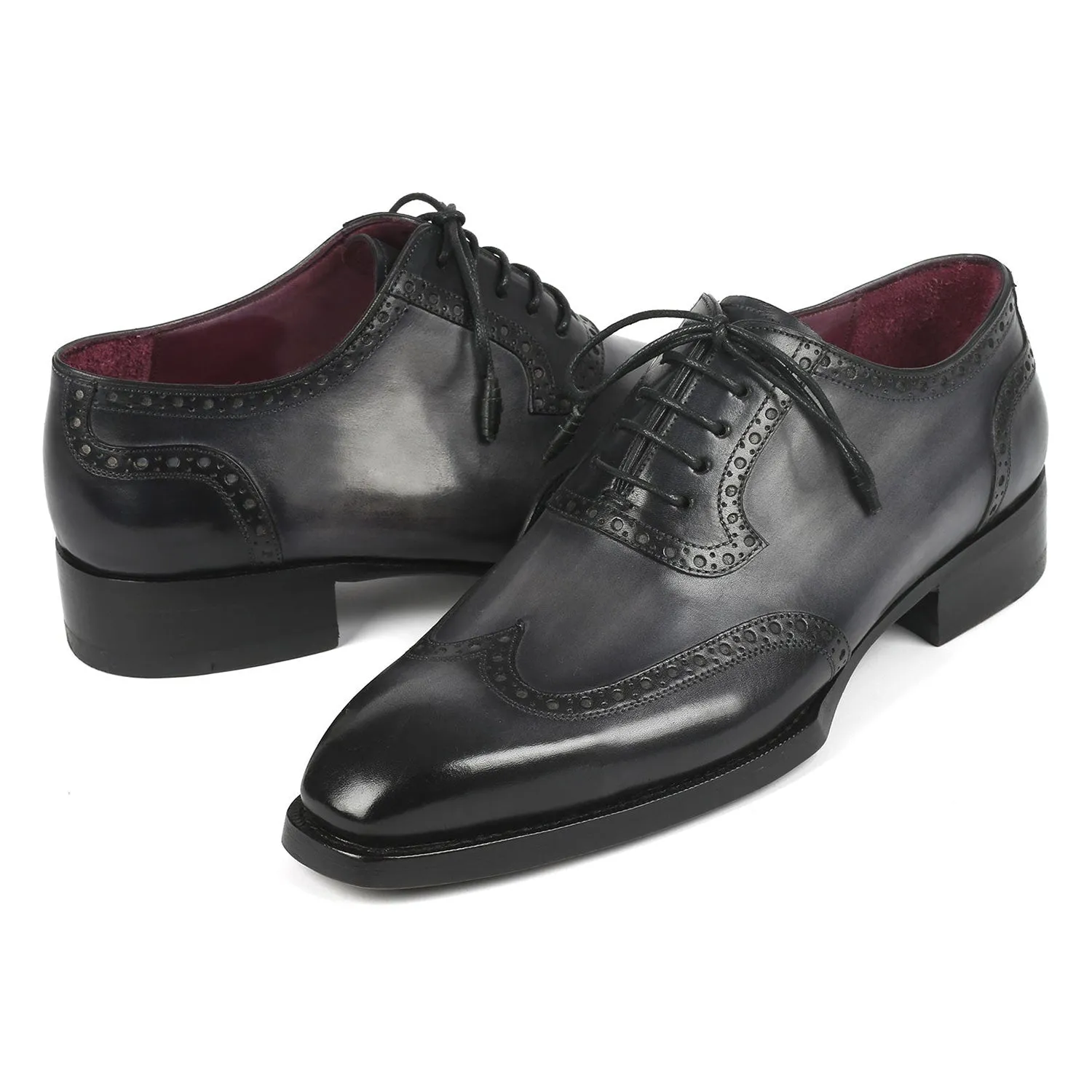 Paul Parkman 6819-GRY Men's Shoes Black & Gray Calf-Skin Leather Goodyear Welted Wingtip Oxfords (PM6345)