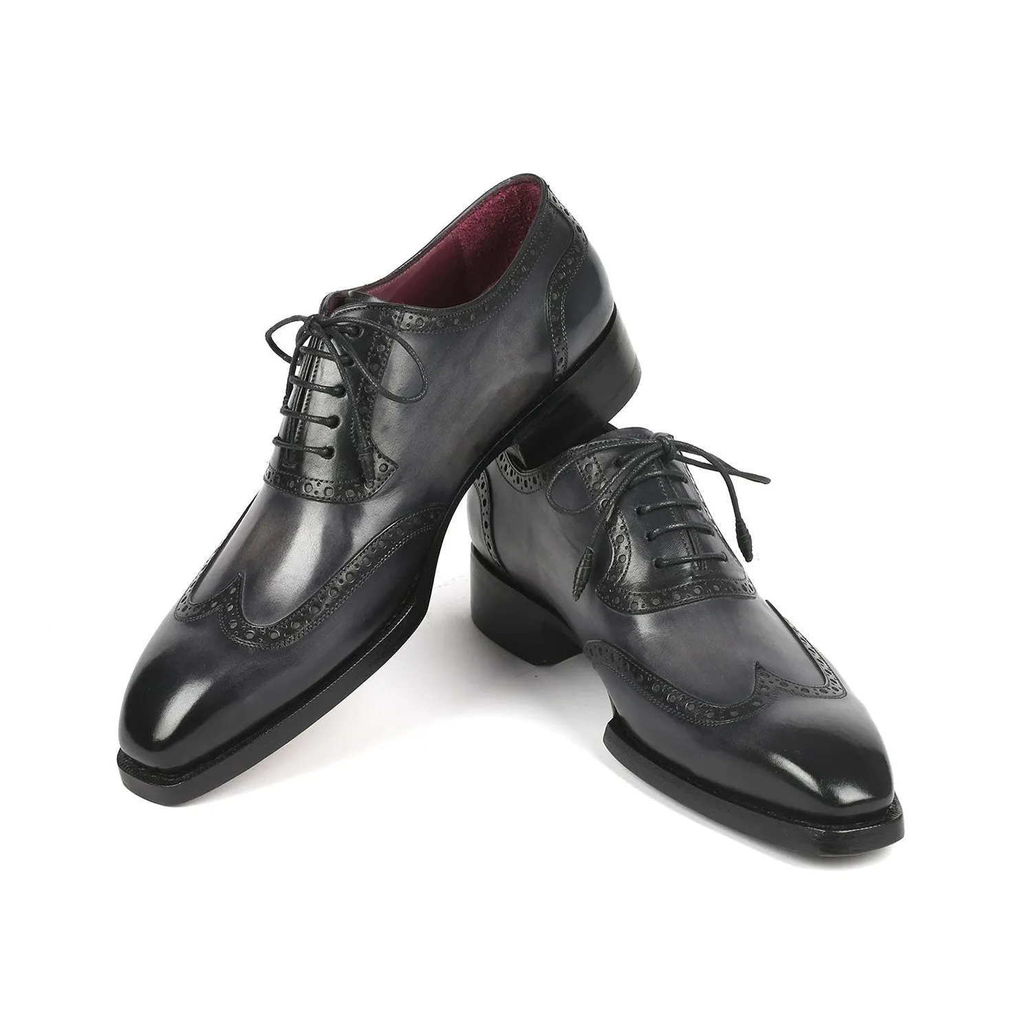 Paul Parkman 6819-GRY Men's Shoes Black & Gray Calf-Skin Leather Goodyear Welted Wingtip Oxfords (PM6345)