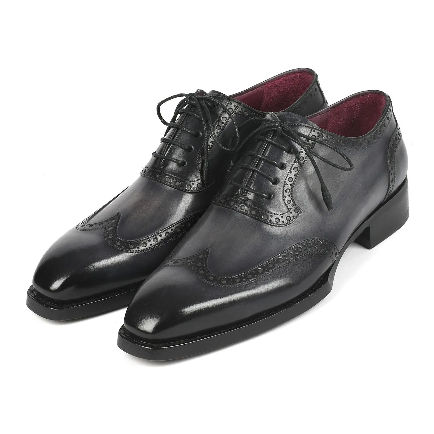 Paul Parkman 6819-GRY Men's Shoes Black & Gray Calf-Skin Leather Goodyear Welted Wingtip Oxfords (PM6345)