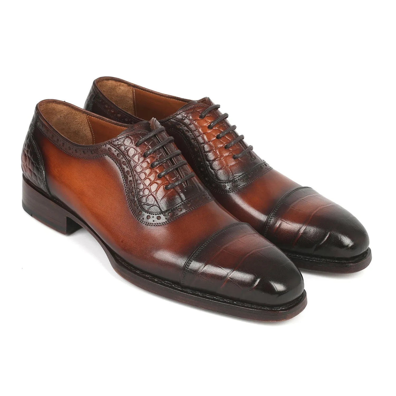 Paul Parkman 9482-BRW Men's Shoes Brown Crocodile Print / Calf-Skin Leather Dress Cap-Toe Oxfords (PM6331)