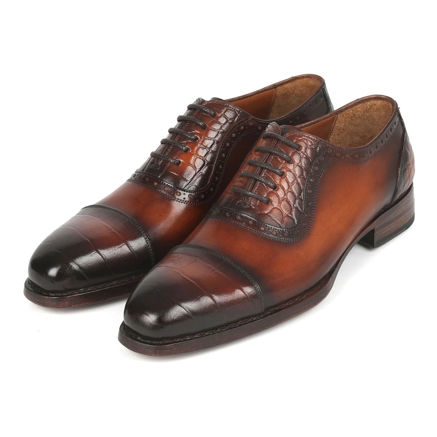 Paul Parkman 9482-BRW Men's Shoes Brown Crocodile Print / Calf-Skin Leather Dress Cap-Toe Oxfords (PM6331)