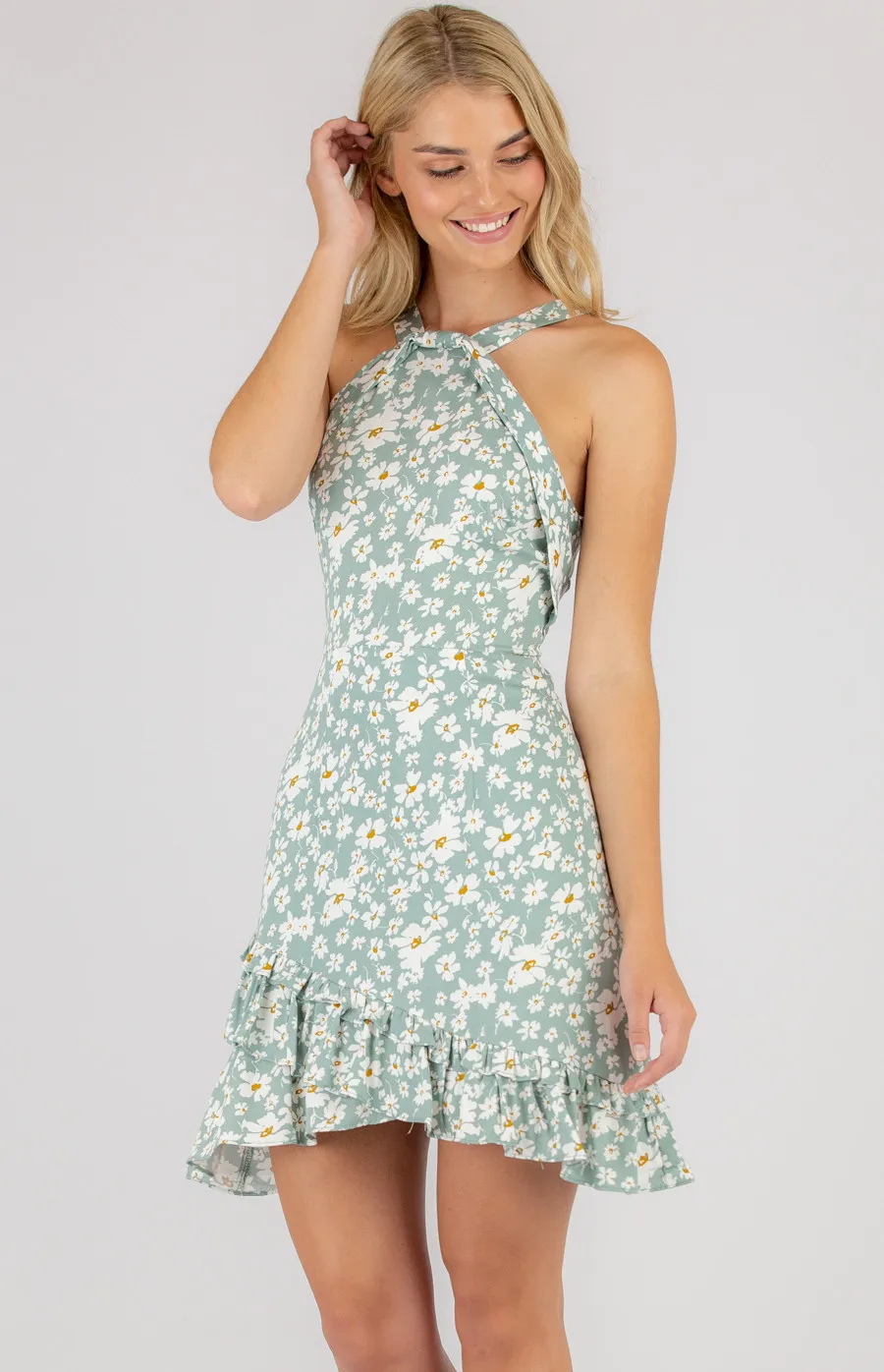 Printed Halter Neckline Dress with Ruffle Details (SDR677A)