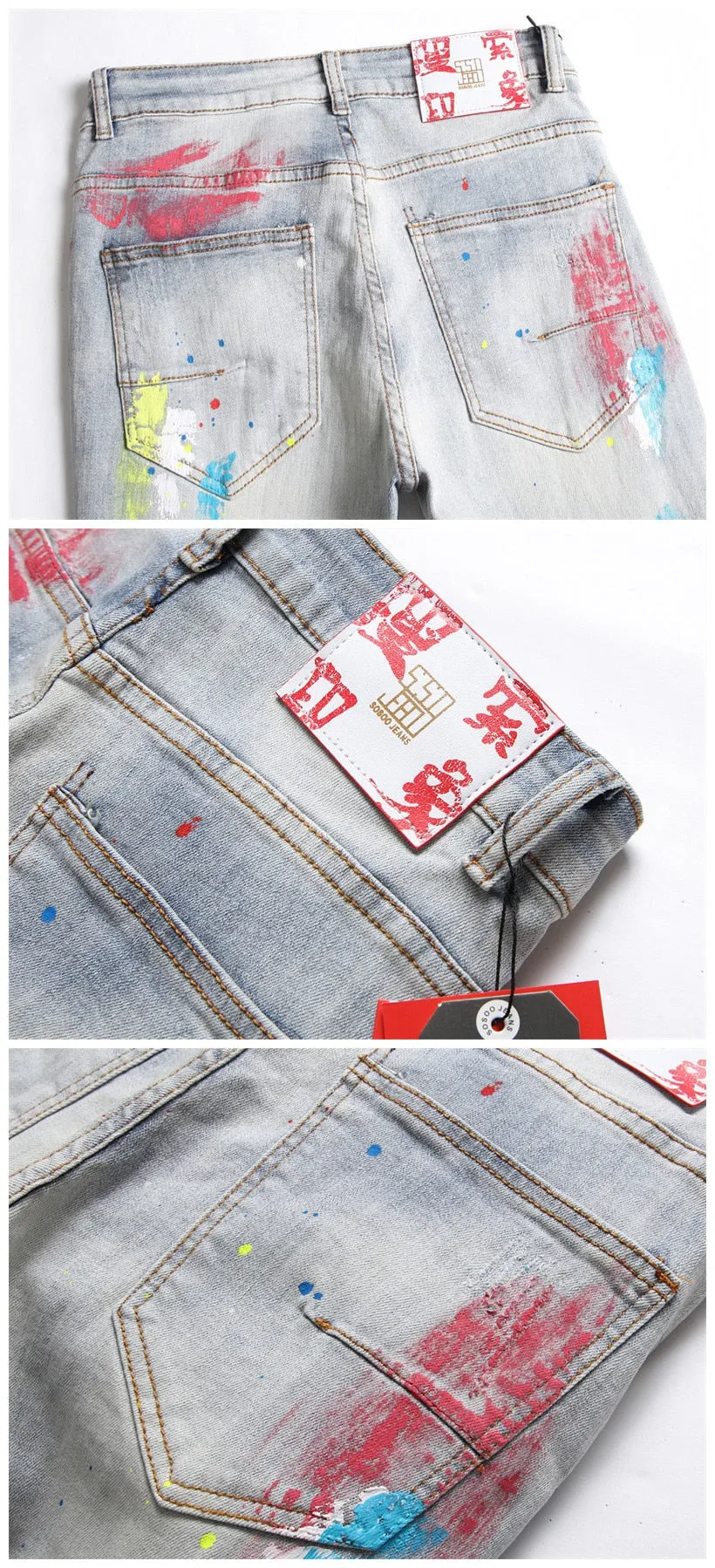 Retro Blue Denim Mid Waist Hip Hop Style Skinny Trousers for Men