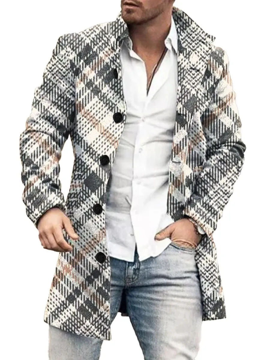 Retro Plaid Stand-Collar Single-Breasted Printed Double-Pocket Wool Coat