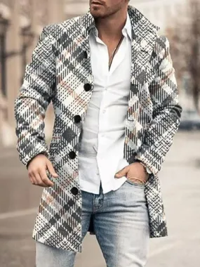 Retro Plaid Stand-Collar Single-Breasted Printed Double-Pocket Wool Coat