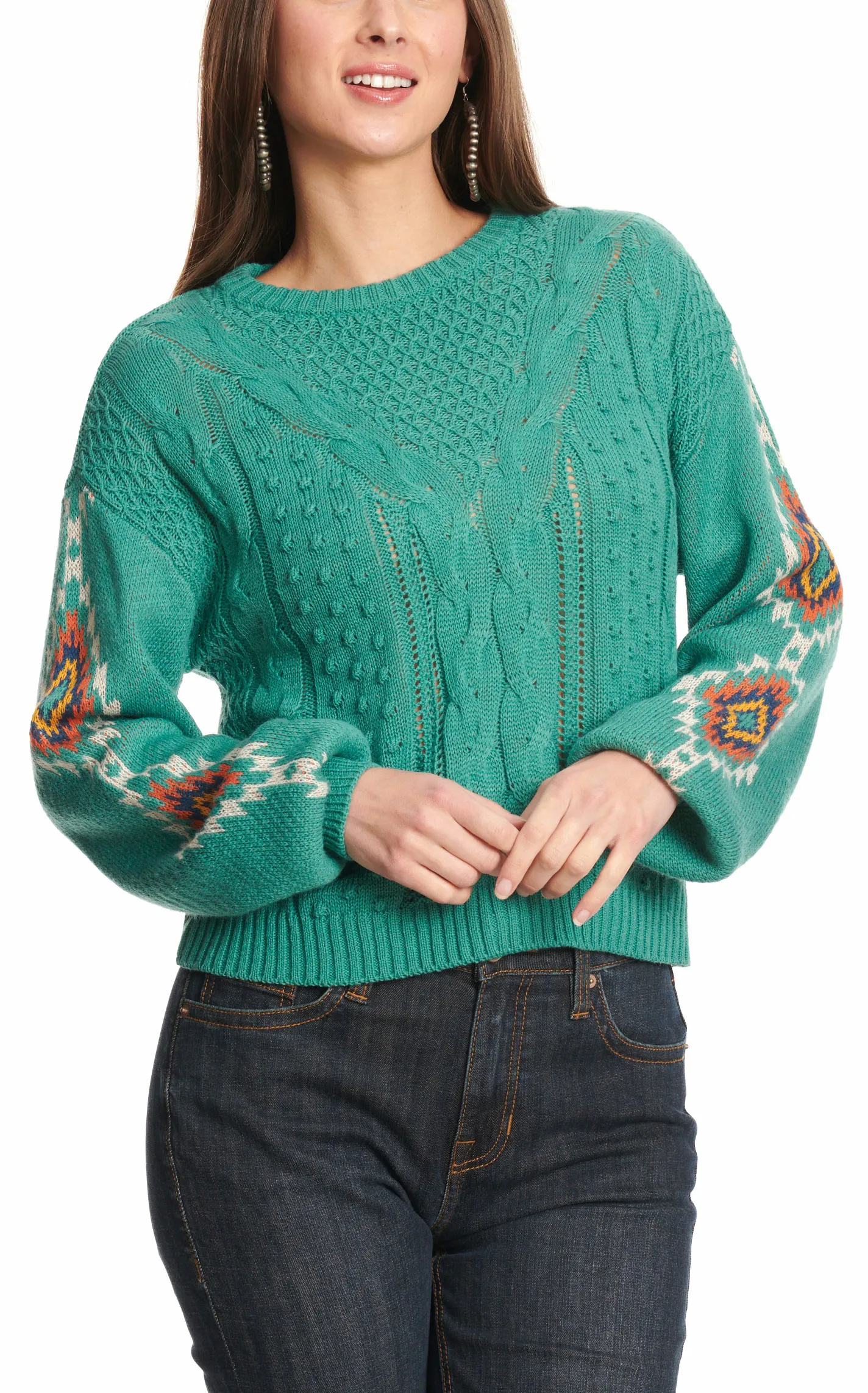 Rock & Roll Denim Women's Teal & Aztec Sleeve Sweater