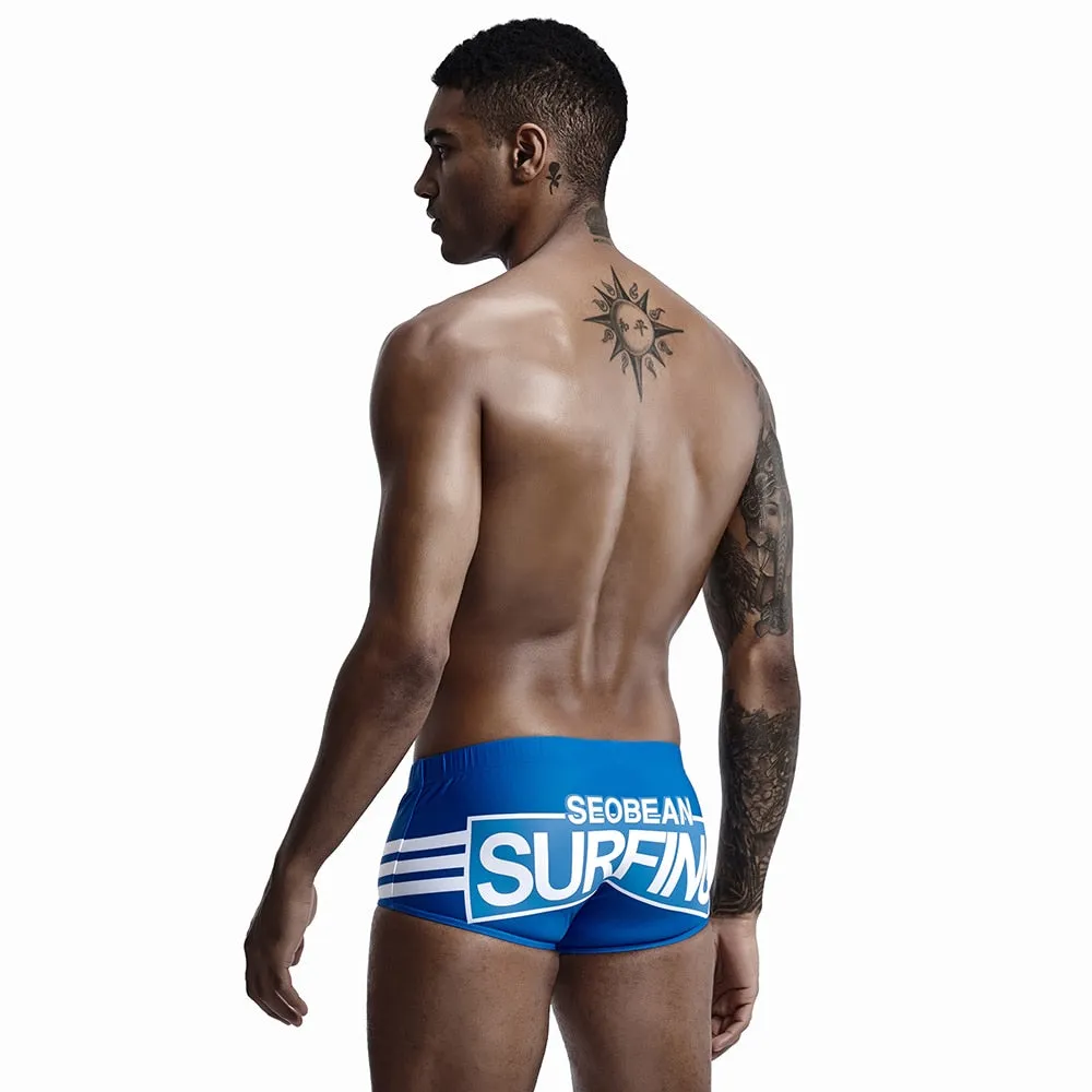 Sexy Polyester Letter Printed Low Waist Sea Pool Swim Trunks for Men