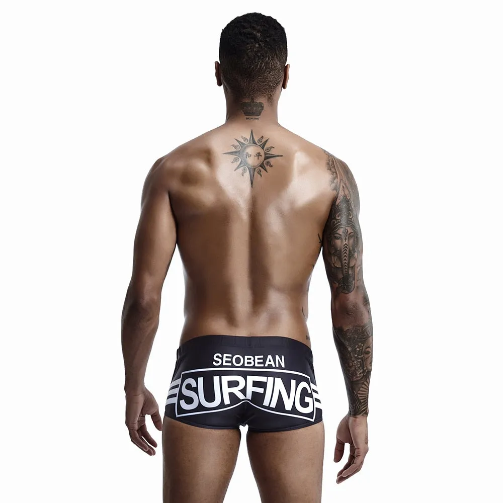 Sexy Polyester Letter Printed Low Waist Sea Pool Swim Trunks for Men