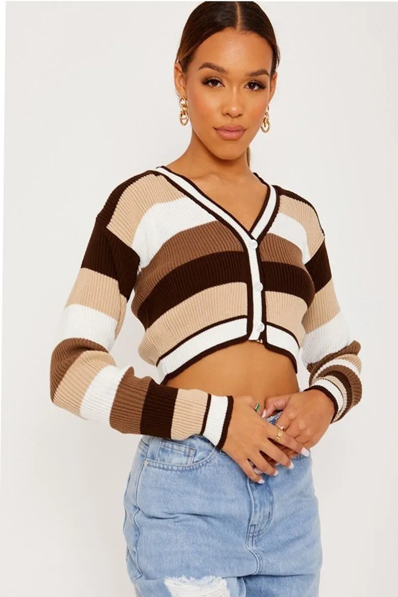 Striped Brown Knitted Cropped Cardigan