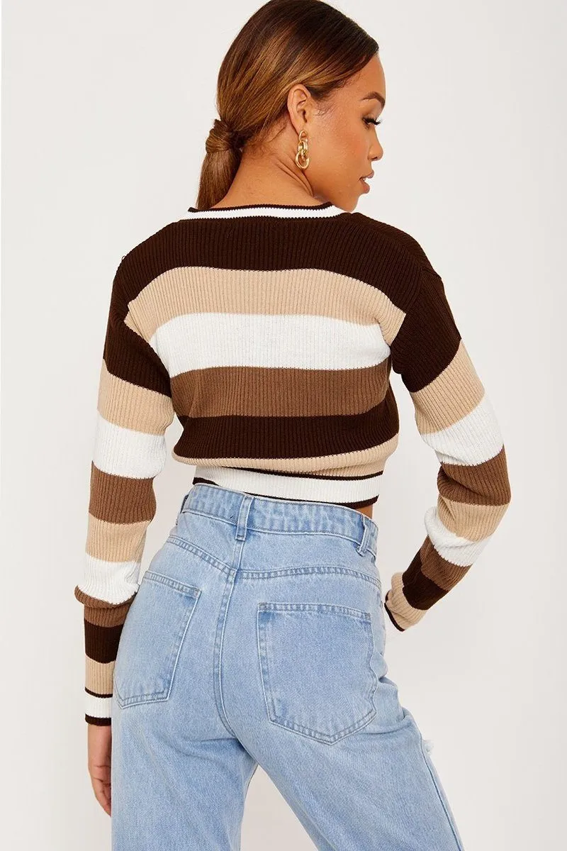 Striped Brown Knitted Cropped Cardigan