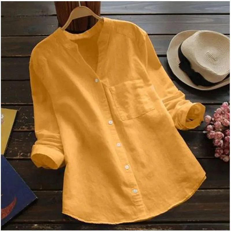 Summer Linen Shirt Women Long Sleeve Blouse 0010090