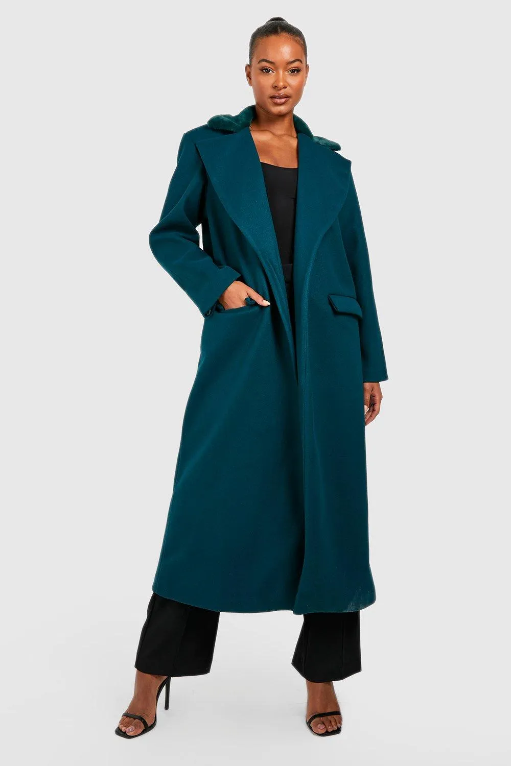 Tall Faux Fur Trim Wool Look Oversized Coat