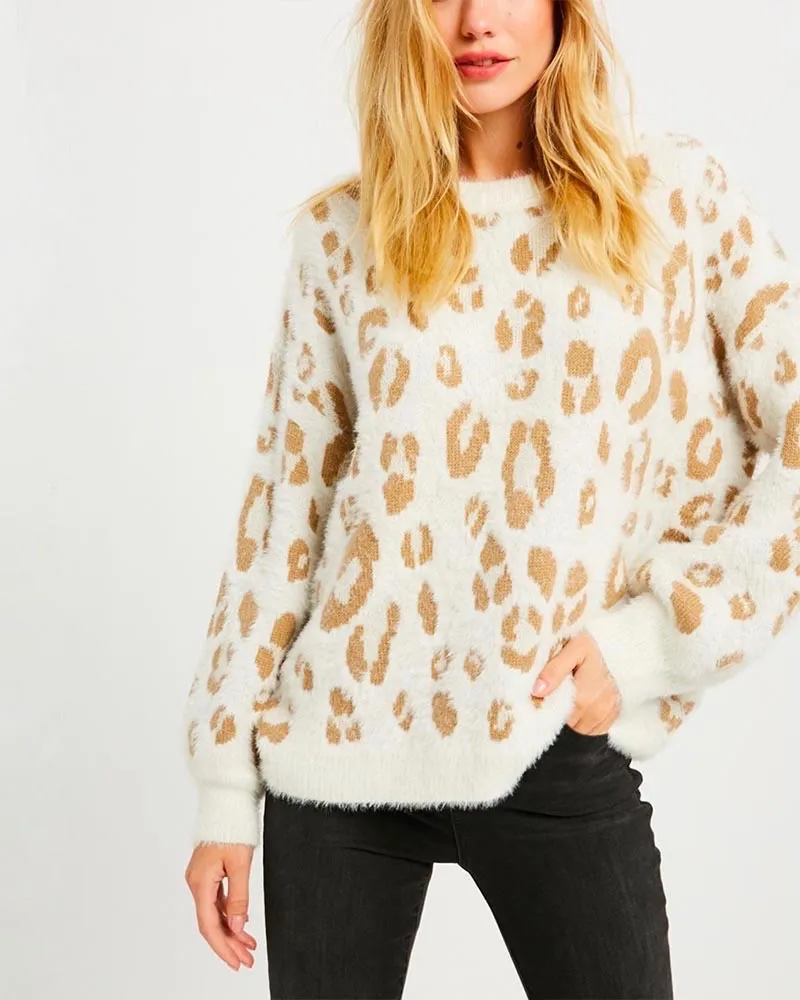 Textured Animal Print Pullover Sweater - More Colors