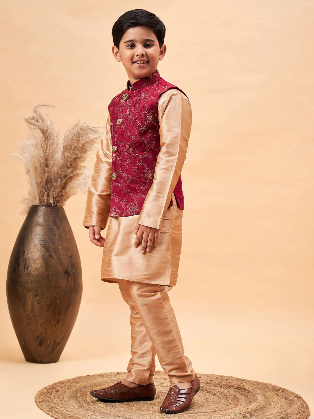 VASTRAMAY Boy's Maroon Woven Jacket With Rose Gold Kurta and Pyjama Set