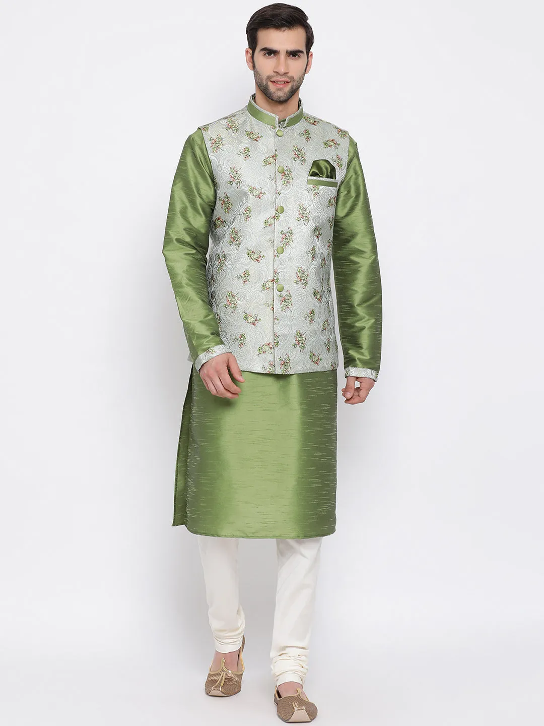 VASTRAMAY Men's Green Floral Jacquard Jacket With Silk Kurta and Pyjama Set